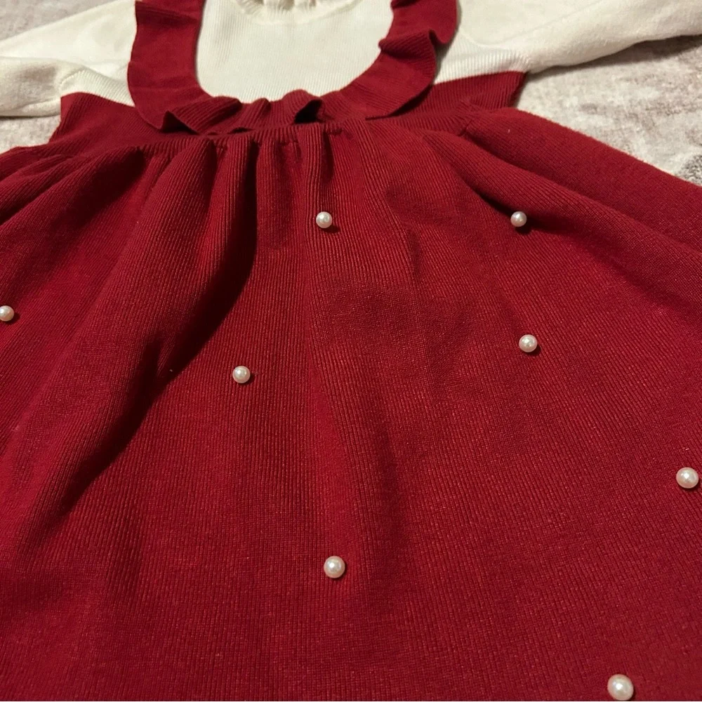 Kids Size 6Y Adorable Red + Cream Dress and Pearl‎ Accents Christmas Holiday